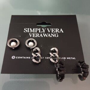 VERA WANG 3pc Goth Gunmetal Chain/Circle w/ Pearl/Black Crystal Hoop Earrings
